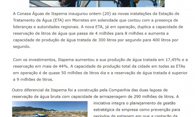 Conasa Águas de Itapema duplica reservação de água tratada na ETA Morretes