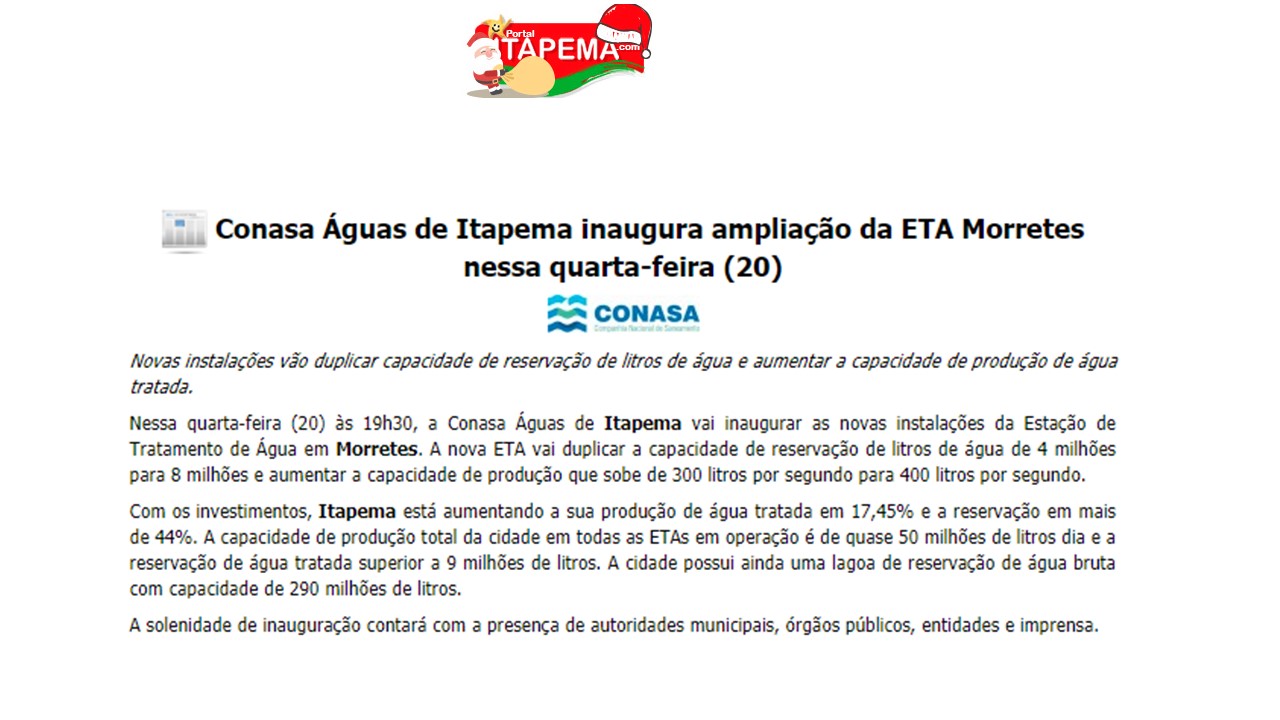 Conasa Águas de Itapema inaugura ampliação da ETA Morretes nessa quarta-feira (20)