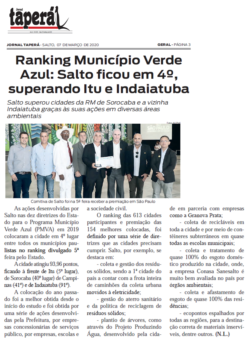 Ranking município Verde Azul:  Salto ficou em 4º, superando Itu e Indaiatuba 