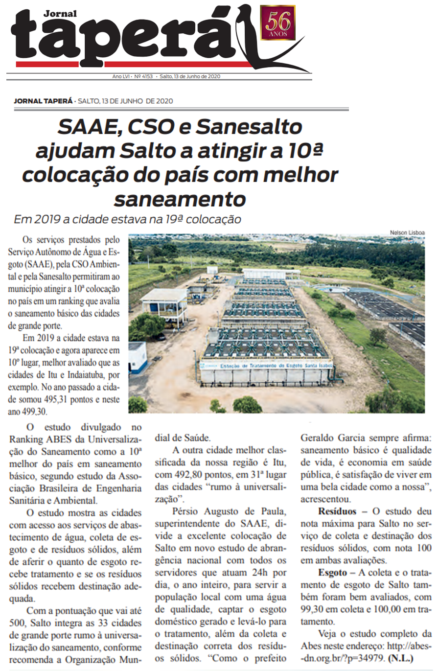 SAAE, CSO e Sanesalto ajudam Salto a atingir a 10º colocação  do país com melhor saneamento